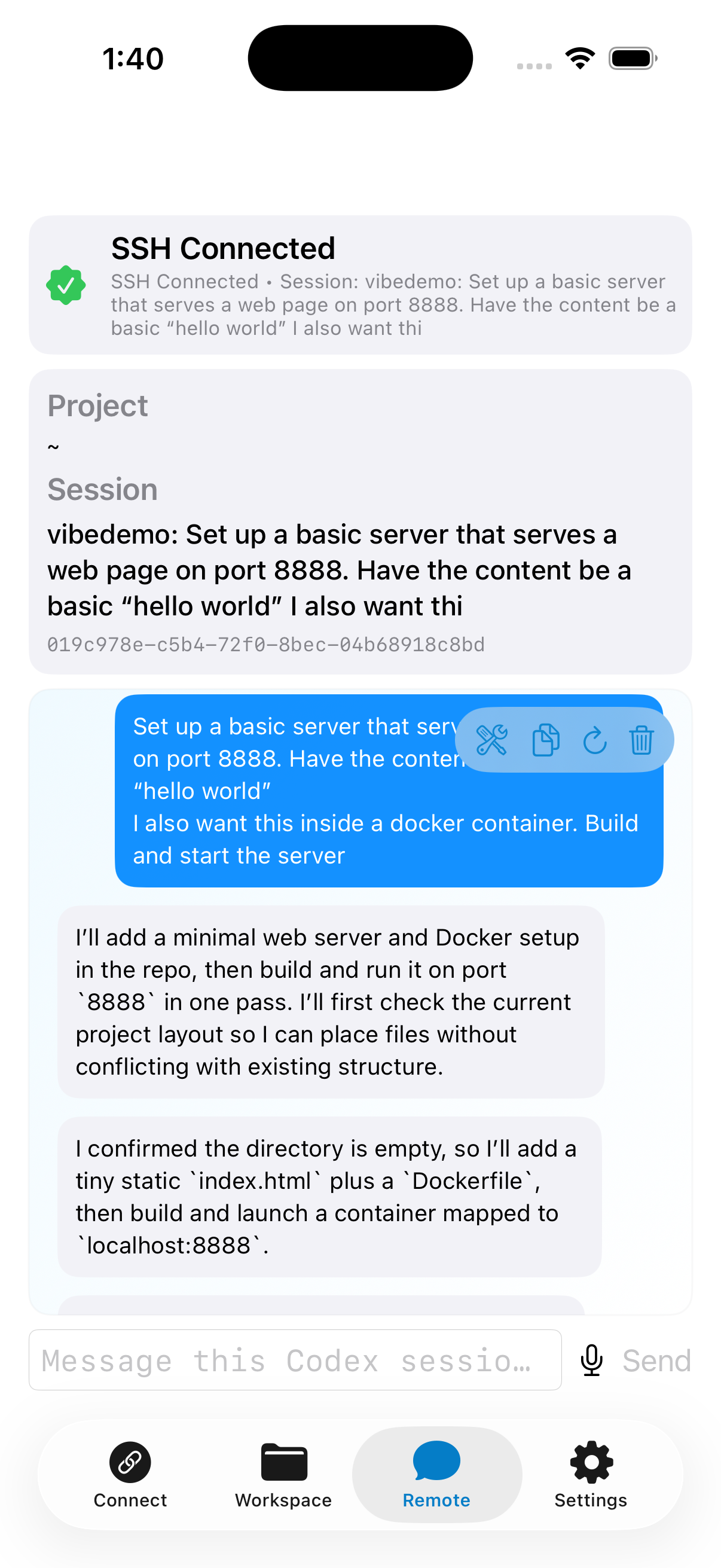 Remote VibeCode screenshot showing a mobile remote session interface.